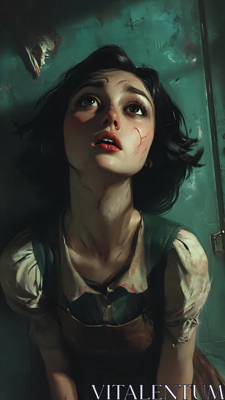 Cracked dreamer gazes upward in haunted teal shadows.