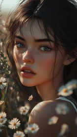 Young woman portrait in soft evening light amid daisies.