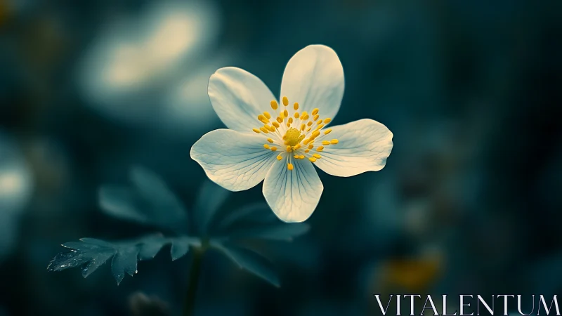 White Anemone Flower Golden Center Dewy Petals.