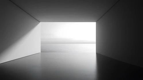 Minimalist Interior Looking Out to Calm Ocean Horizon.