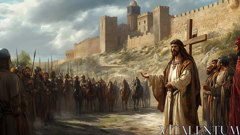 Procession before ancient fortress walls with robed leader.