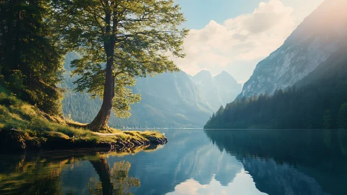 Calm mountain lake with lone tree and soft morning light.