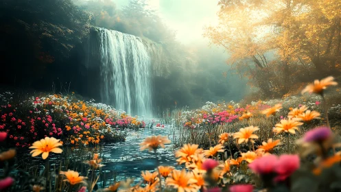 Vibrant flower valley with waterfall under soft morning light.