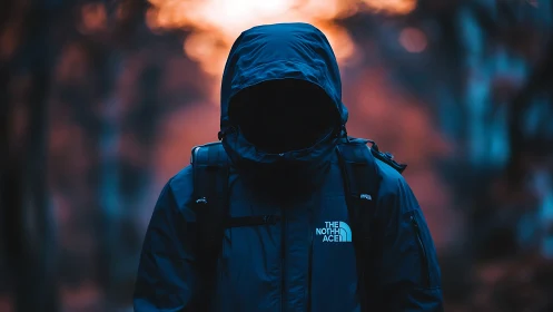 Hooded wanderer absorbs neon dusk in a blurred forest