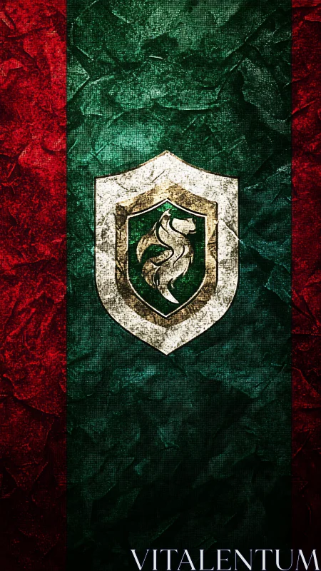 Grunge dragon crest on red and green vertical banner.