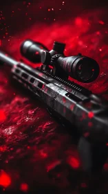 Tactical Rifle with Scope Against Crimson Particle Storm.