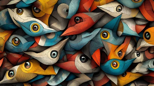 Colorful stylized bird heads interlock in dense abstract field