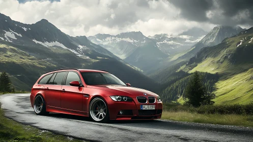 Lowered red BMW touring car on wet alpine mountain pass road