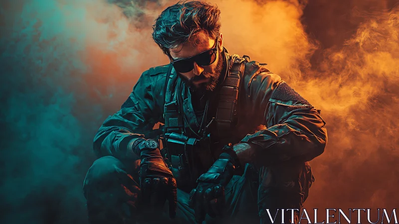Brooding tactical hero in teal and ember battlefield haze.