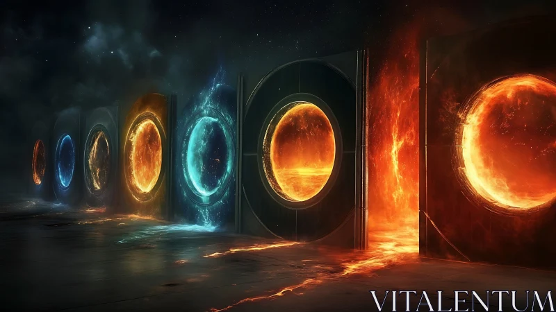 Row of elemental circular portals on dark reflective floor.