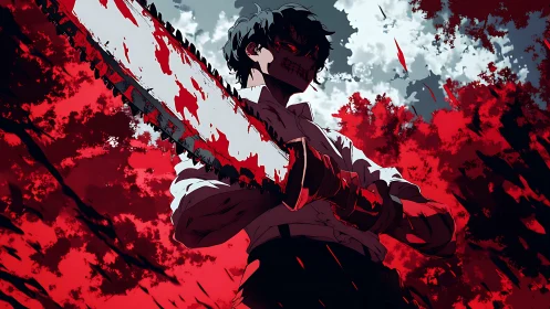 Masked figure grips bloodstained chainsaw against red forest
