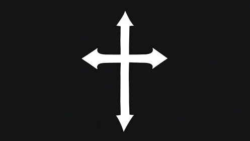White four-directional cross symbol on deep black field.