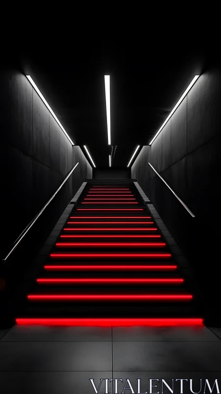 Staircase with red LED step lighting in dark corridor space