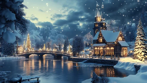 Snow covered village church glows beside river at night
