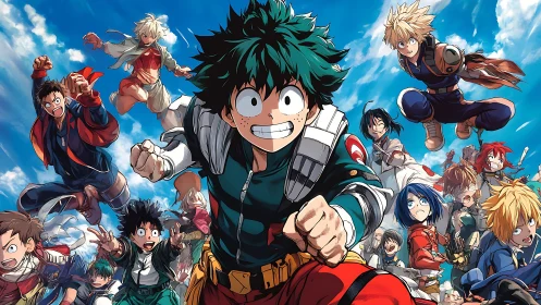 Energetic group of young anime heroes charging forward.