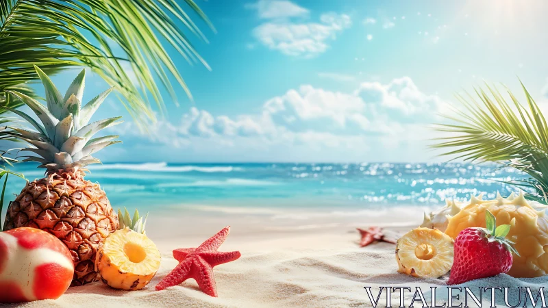 Sunlit tropical fruit picnic by a sparkling seaside shore.