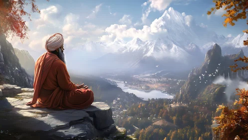 Solitary sage contemplates vast snow peaks above valley