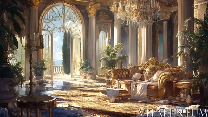Sunlit palace lounge captures decadent, golden serenity.