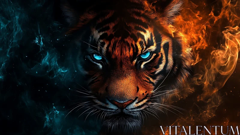 Elemental tiger face merges blazing fire and icy energy.