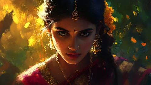 Woman in traditional attire with intense focused gaze.