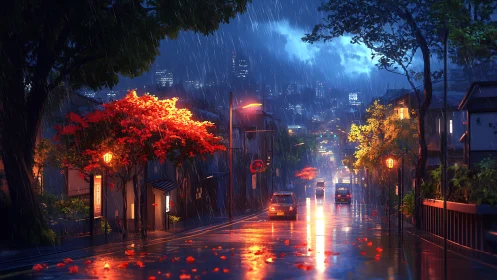 Rainy city street glows under neon reflections and autumn trees