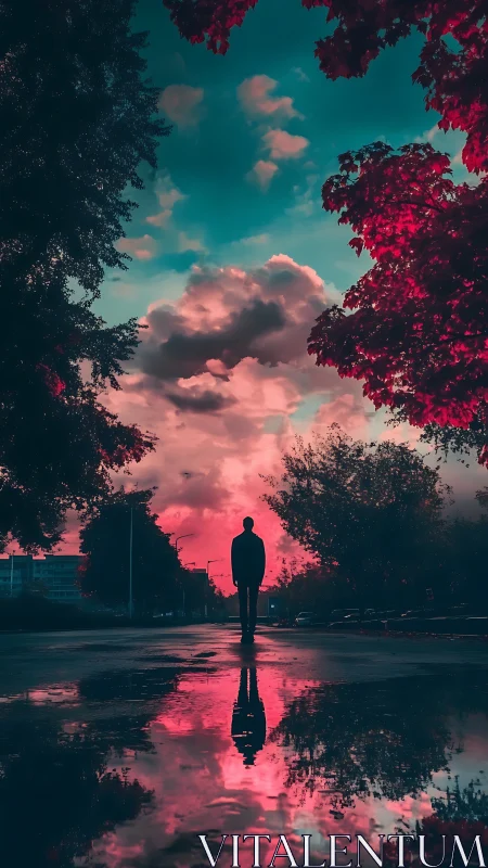 Silhouette walks through neon dusk beneath mirrored sky glow.