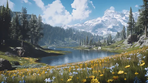 Mountain lake meadow under bright summer sky panorama.