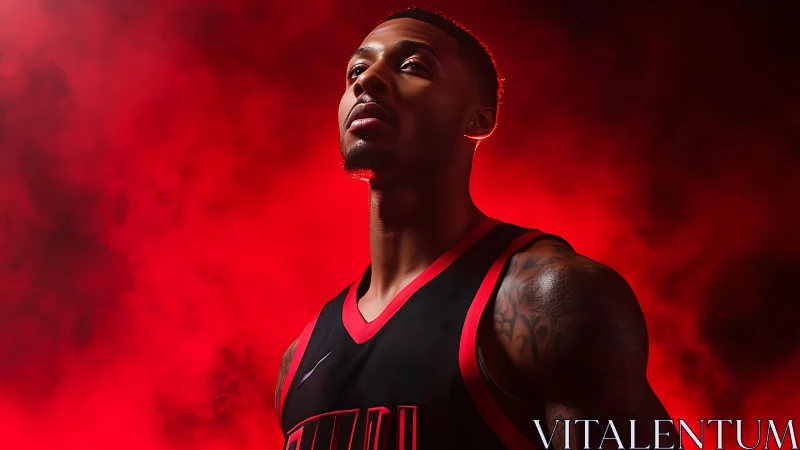 Focused basketball player stands in dramatic red arena light