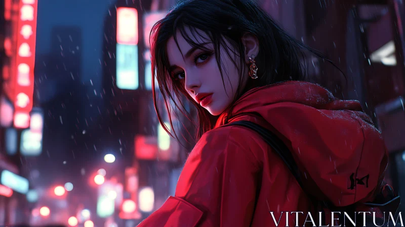 Young woman in red jacket stands in rainy neon street at night