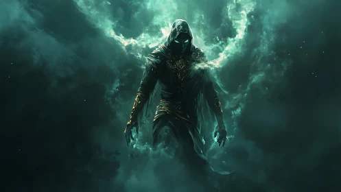 Mysterious hooded guardian emerging from glowing emerald mist.