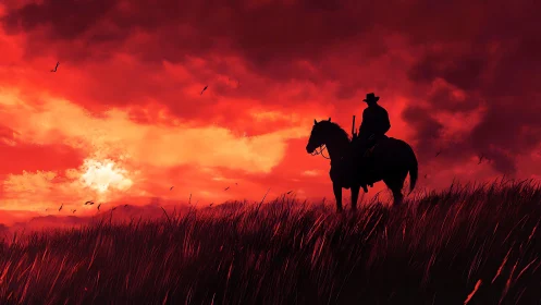Lone rider silhouette against intense red sunset sky.