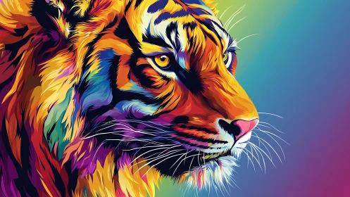 Tiger head rendered in bold multicolor digital illustration