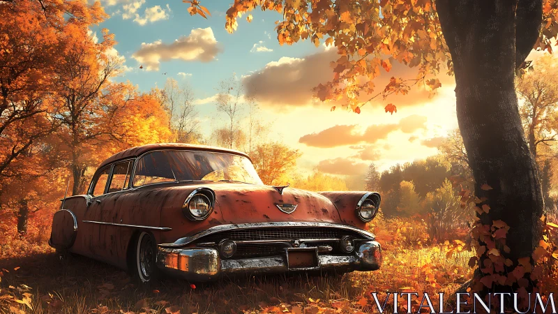 Photorealistic rusted classic car in sunlit autumn forest scene.