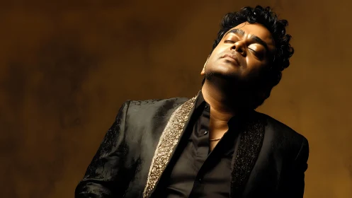 Portrait of man in embroidered black jacket against gold.