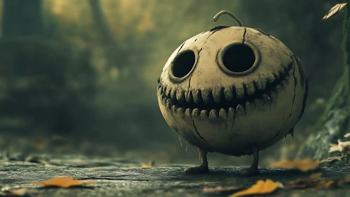 Spherical pumpkin creature on forest path in soft focus.