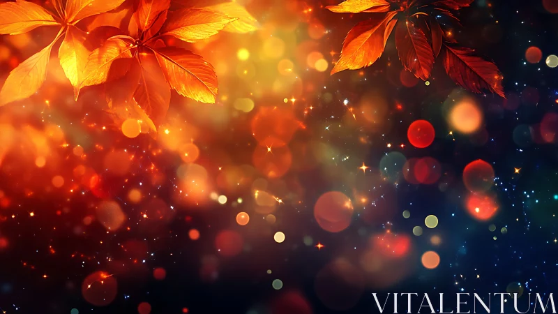 Glowing autumn leaves drifting over a dreamy starry haze.