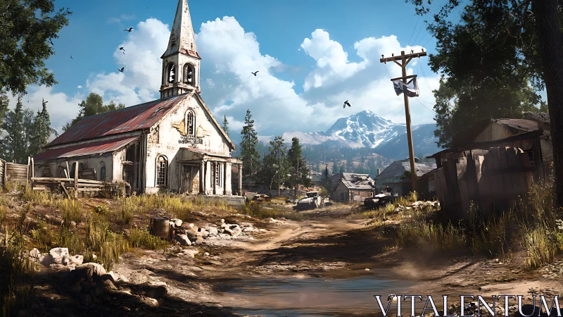 Weathered rural church beside muddy road under alpine sky