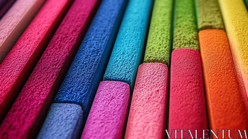 Close-up view of multicolored pastel sticks in neat rows.