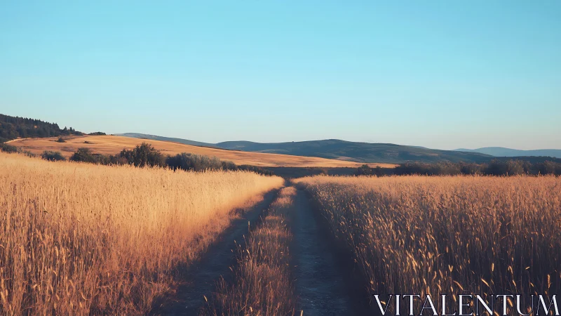 Golden rural path through late-summer wheat fields at dusk.
