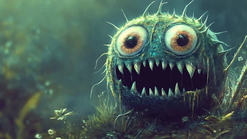 Bog-born eyeball beast grins hungrily through the mist