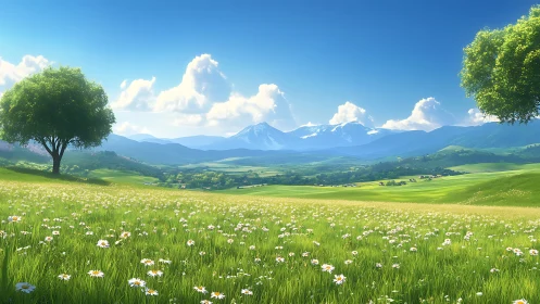 Wide green meadow with daisies below distant snow mountains