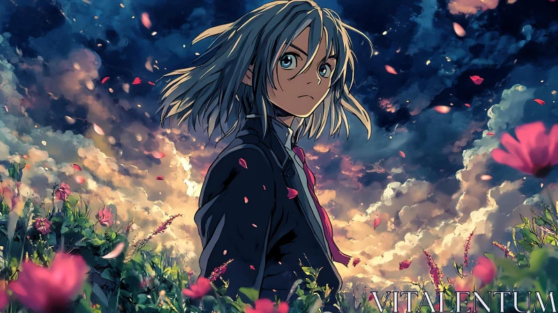 Youth stands in flower field under dense, turbulent sky