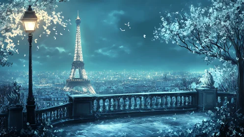 Eiffel Tower stands over illuminated Paris from terrace viewpoint