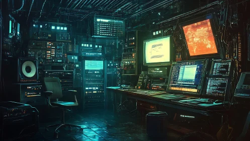 Cyber operations command center with glowing data consoles.
