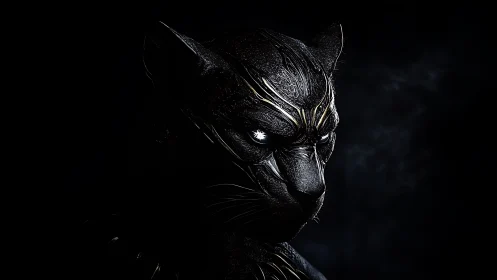 Black panther bust in obsidian armor with luminous accents.