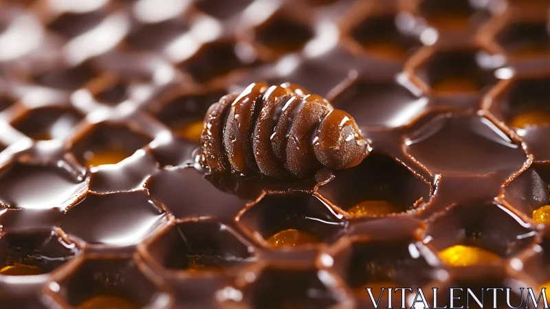 Macro view of insect larva on glossy honeycomb cells in liquid