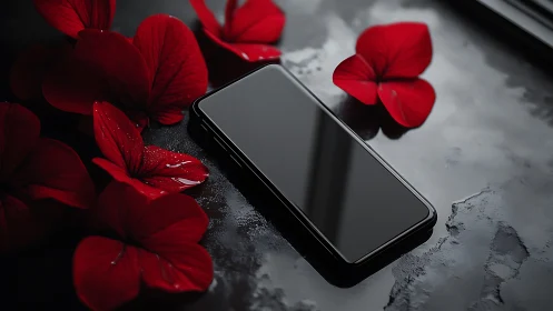 Elegant Smartphone Rests Among Vibrant Red Petals and Droplets