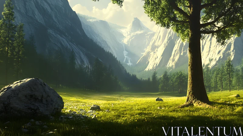 Sunlit alpine valley with foreground oak and granite boulders.