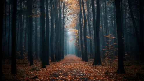 Autumnal Forest Corridor with Atmospheric Perspective and Deciduous Canopy Coverage