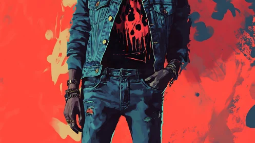 Denim-clad rebel leans into neon chaos like painted thunder